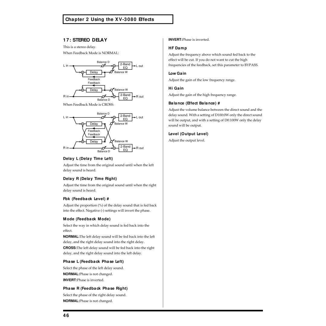 Roland XV-3080 owner manual Stereo Delay 