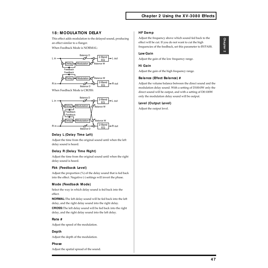 Roland XV-3080 owner manual Modulation Delay, Fbk Feedback Level 