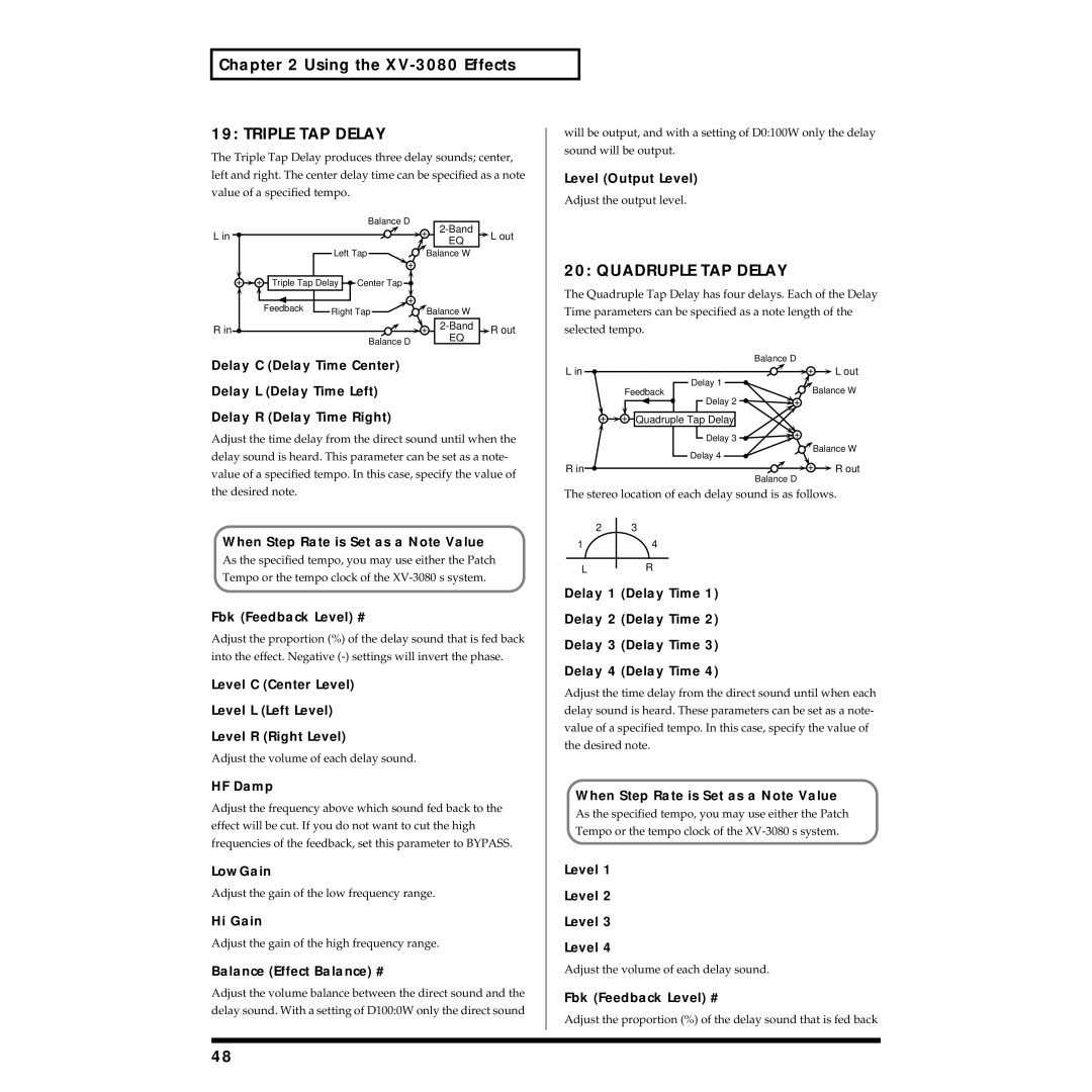 Roland XV-3080 Triple TAP Delay, Quadruple TAP Delay, Level C Center Level Level L Left Level Level R Right Level 