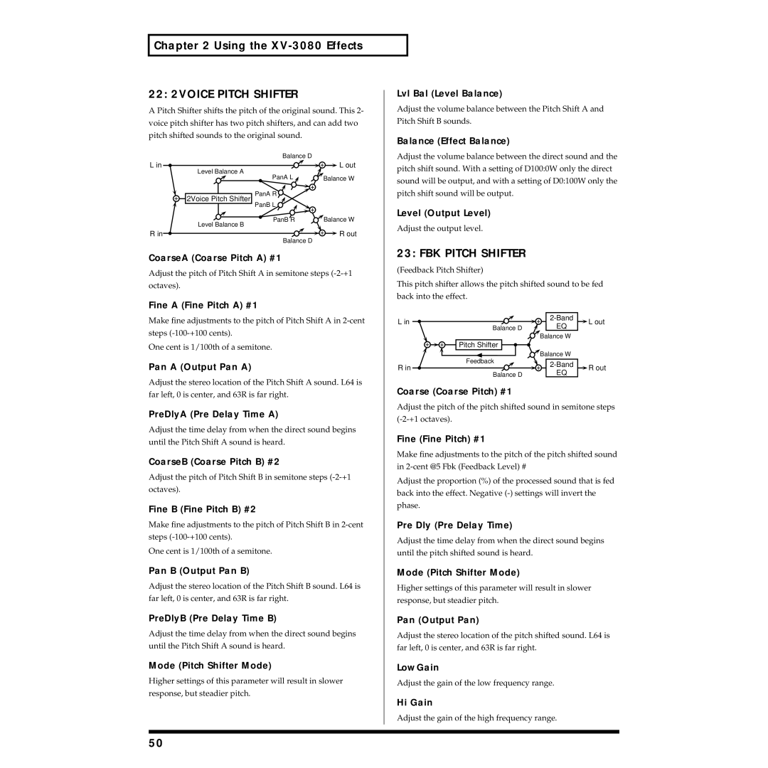 Roland XV-3080 owner manual 22 2VOICE Pitch Shifter, FBK Pitch Shifter 