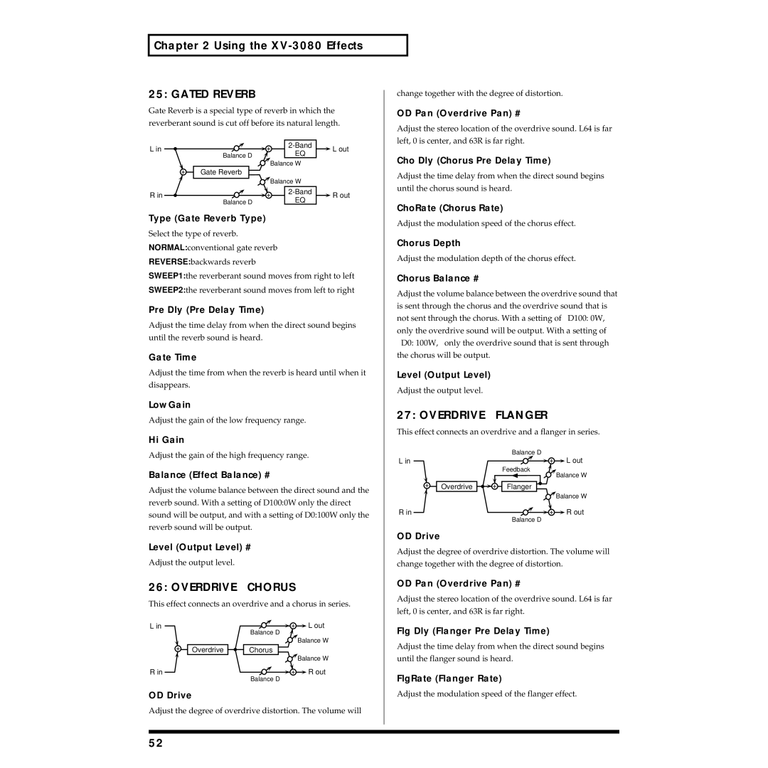 Roland XV-3080 owner manual Gated Reverb, OVERDRIVE→ Flanger, OVERDRIVE→ Chorus 