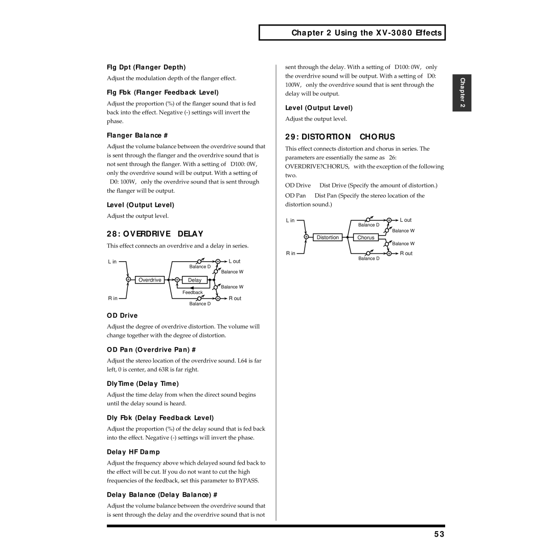 Roland XV-3080 owner manual OVERDRIVE→ Delay, DISTORTION→ Chorus 