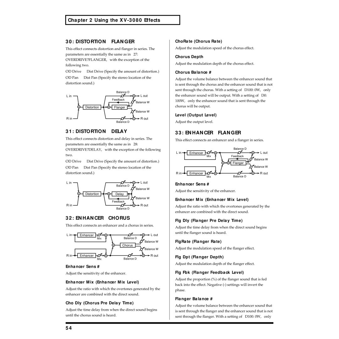 Roland XV-3080 owner manual DISTORTION→ Flanger, DISTORTION→ Delay, ENHANCER→ Chorus, ENHANCER→ Flanger 