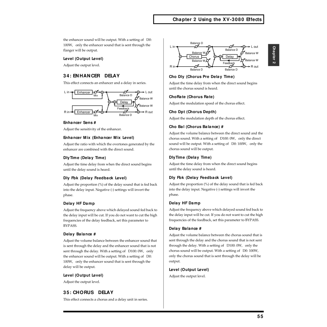 Roland XV-3080 owner manual ENHANCER→ Delay, CHORUS→ Delay, Delay Balance #, Cho Bal Chorus Balance # 