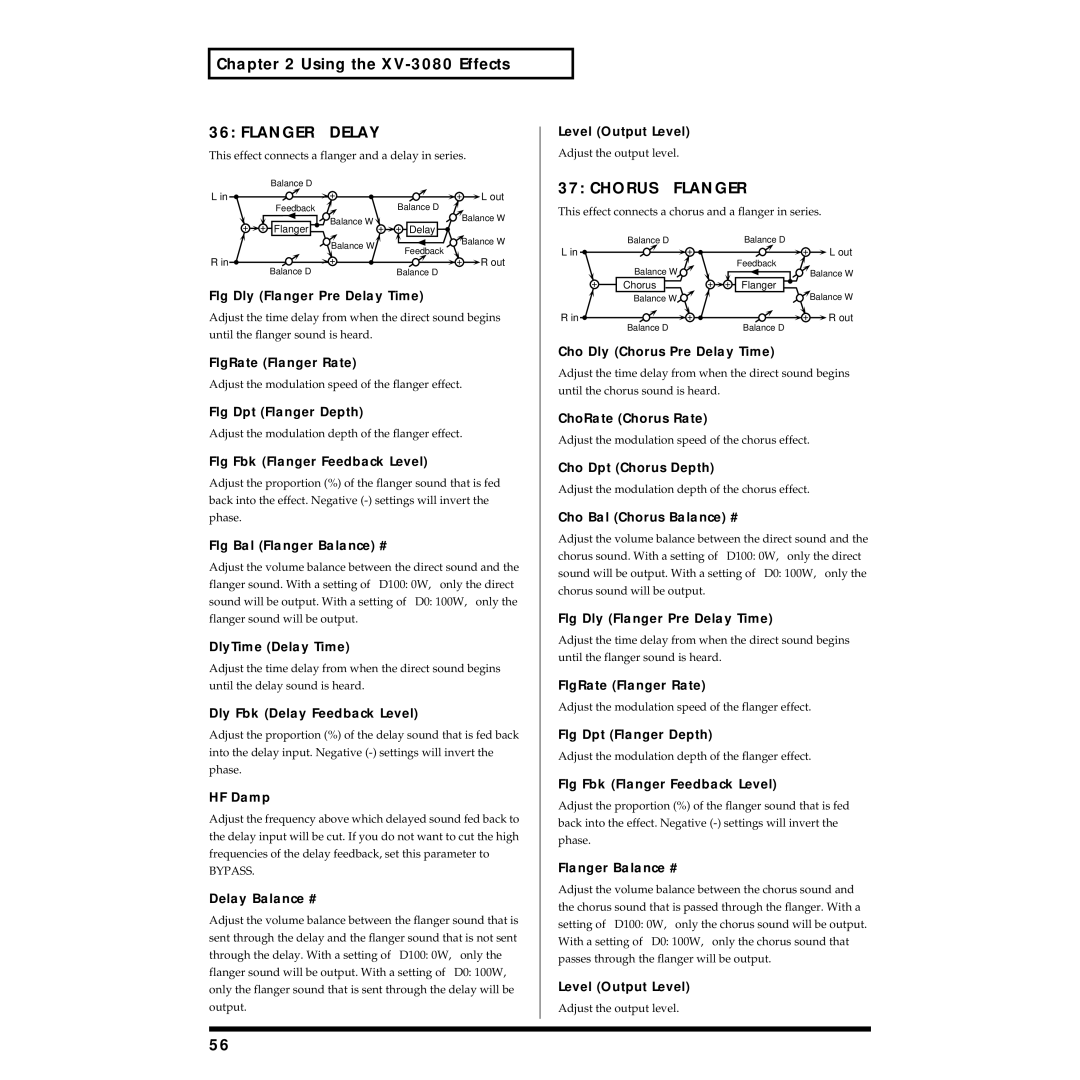 Roland XV-3080 owner manual FLANGER→ Delay, CHORUS→ Flanger, Flg Bal Flanger Balance # 