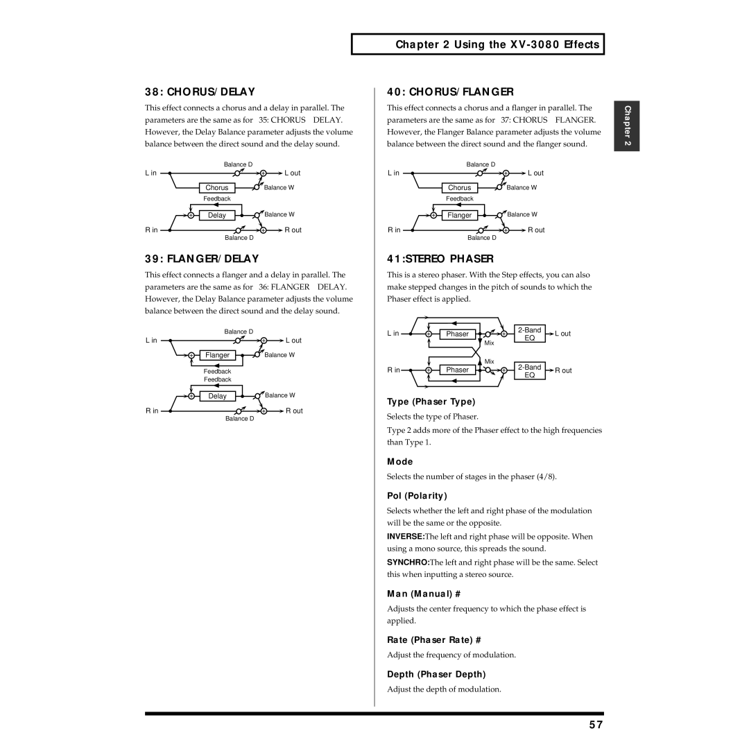 Roland XV-3080 owner manual Chorus/Delay, Flanger/Delay, Chorus/Flanger, 41STEREO Phaser 