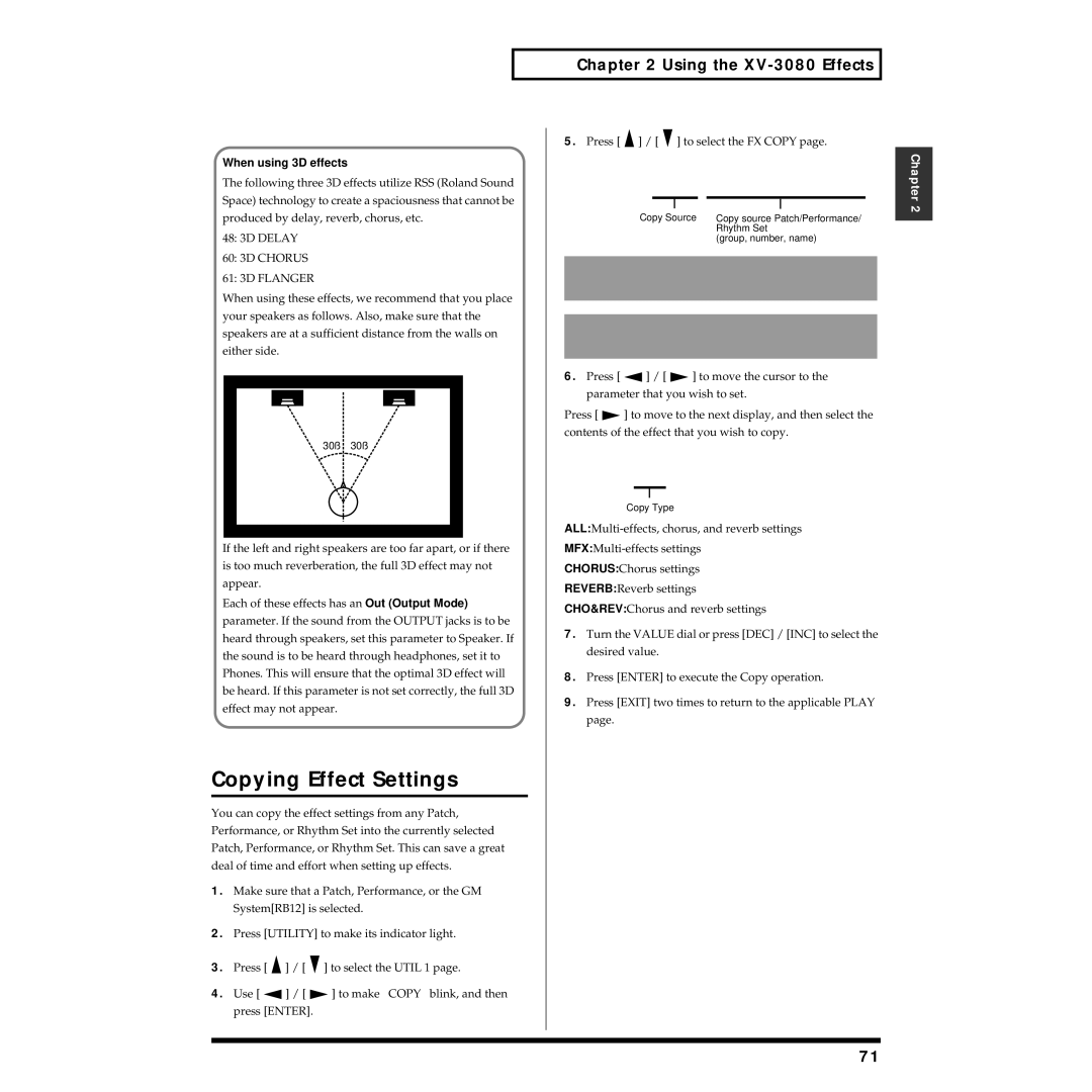 Roland XV-3080 owner manual Copying Effect Settings, When using 3D effects 