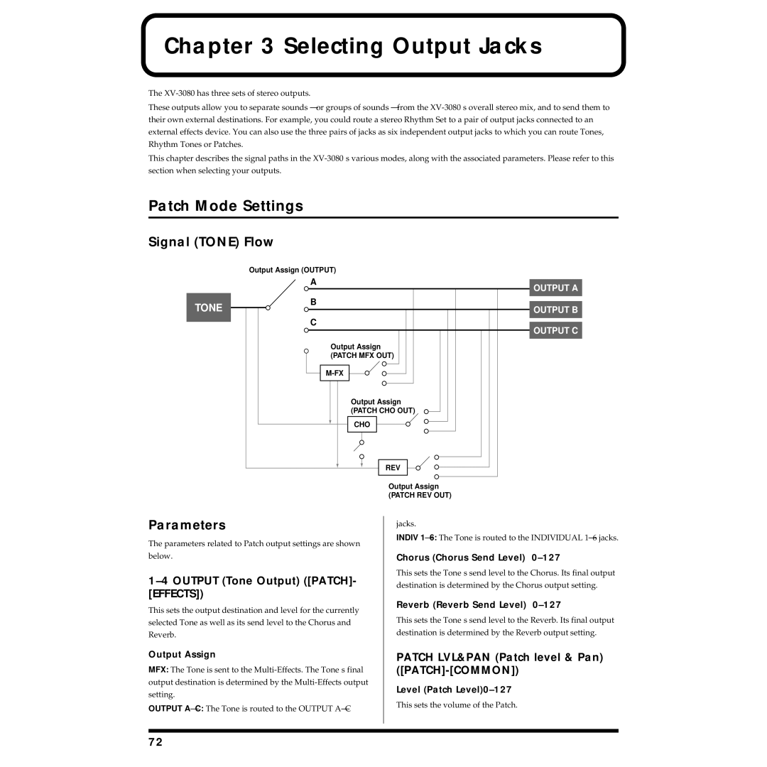 Roland XV-3080 owner manual Selecting Output Jacks, Patch Mode Settings, Signal Tone Flow, Parameters 