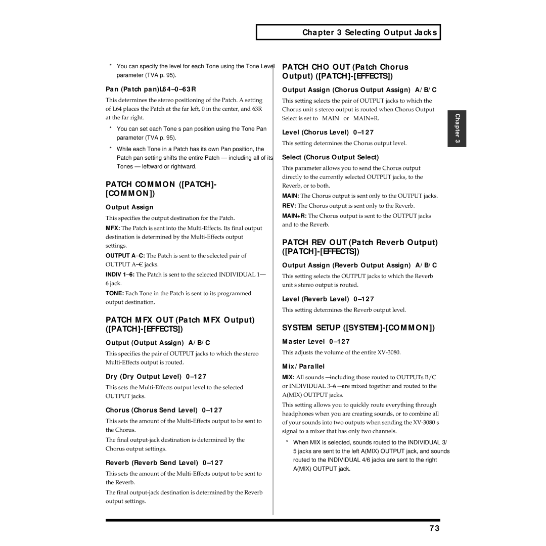Roland XV-3080 Patch Common PATCH- Common, Patch MFX OUT Patch MFX Output PATCH-EFFECTS, System Setup SYSTEM-COMMON 