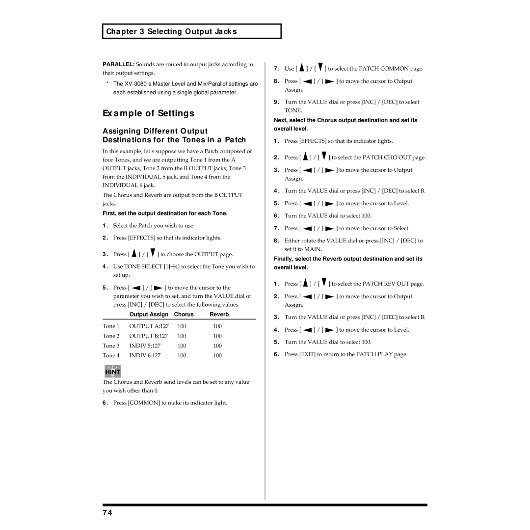 Roland XV-3080 owner manual Example of Settings, Selecting Output Jacks, First, set the output destination for each Tone 