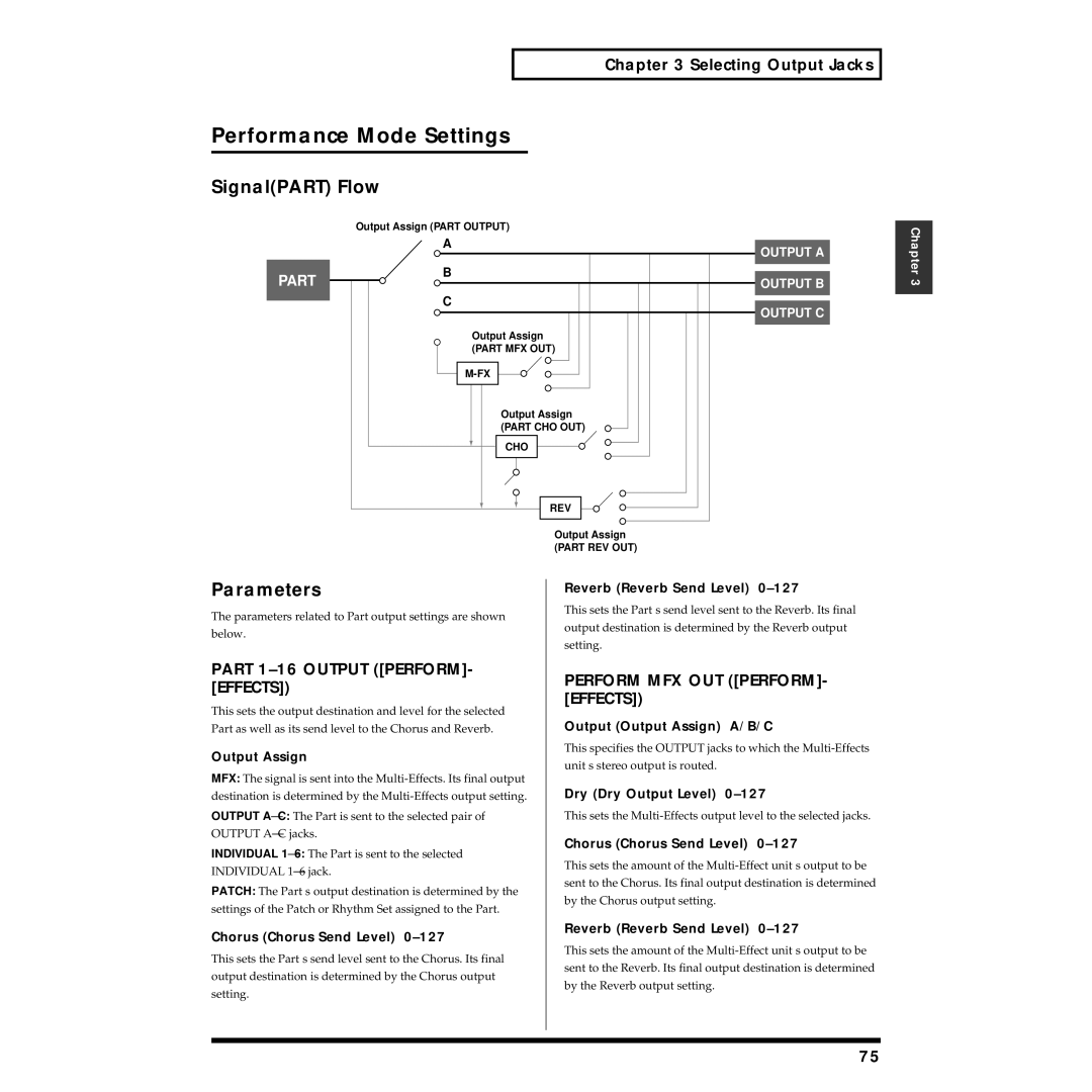 Roland XV-3080 owner manual Performance Mode Settings, SignalPART Flow, Part 1-16 Output PERFORM- Effects 