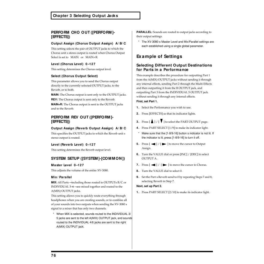 Roland XV-3080 Perform CHO OUT PERFORM- Effects, Perform REV OUT PERFORM- Effects, First, set Part, Next, set up Part 