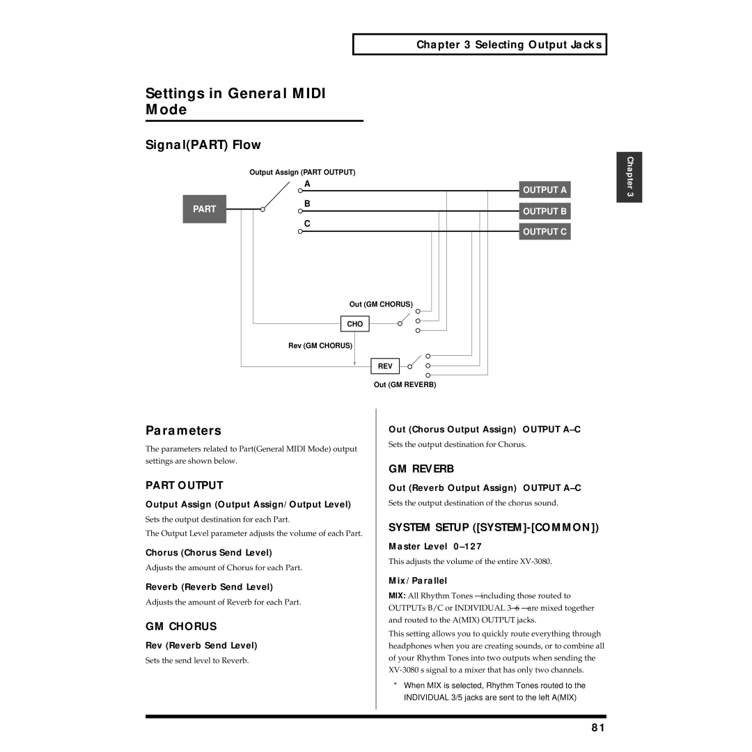 Roland XV-3080 owner manual Settings in General Midi Mode, GM Chorus, GM Reverb 