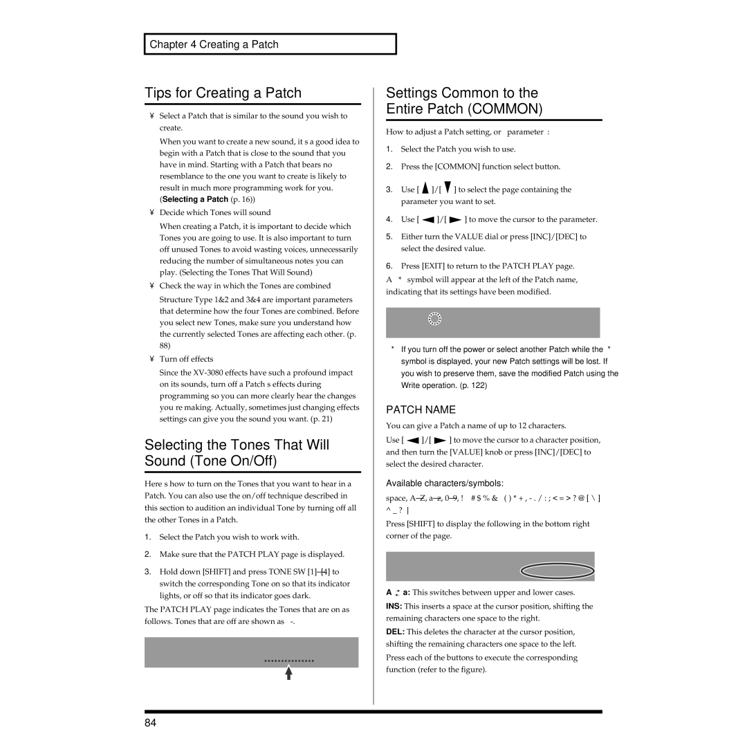 Roland XV-3080 owner manual Tips for Creating a Patch, Selecting the Tones That Will Sound Tone On/Off, Patch Name 