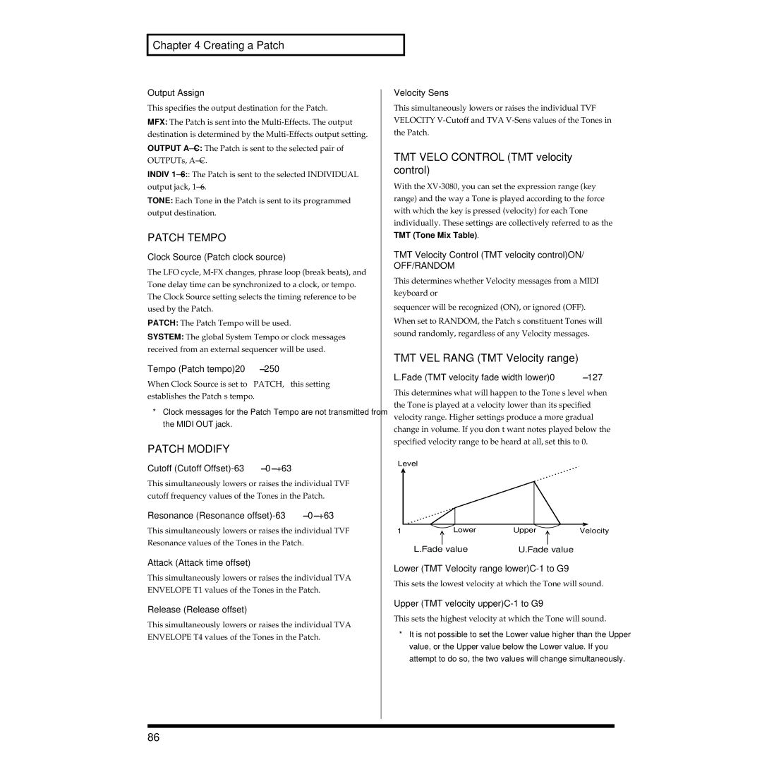 Roland XV-3080 Patch Tempo, Patch Modify, TMT Velo Control TMT velocity control, TMT VEL Rang TMT Velocity range 