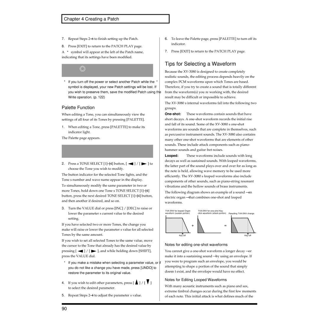 Roland XV-3080 owner manual Tips for Selecting a Waveform, Palette Function 