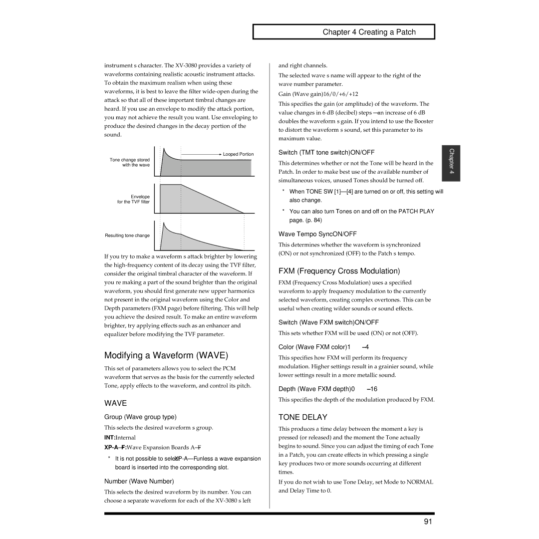 Roland XV-3080 owner manual Modifying a Waveform Wave, FXM Frequency Cross Modulation, Tone Delay 