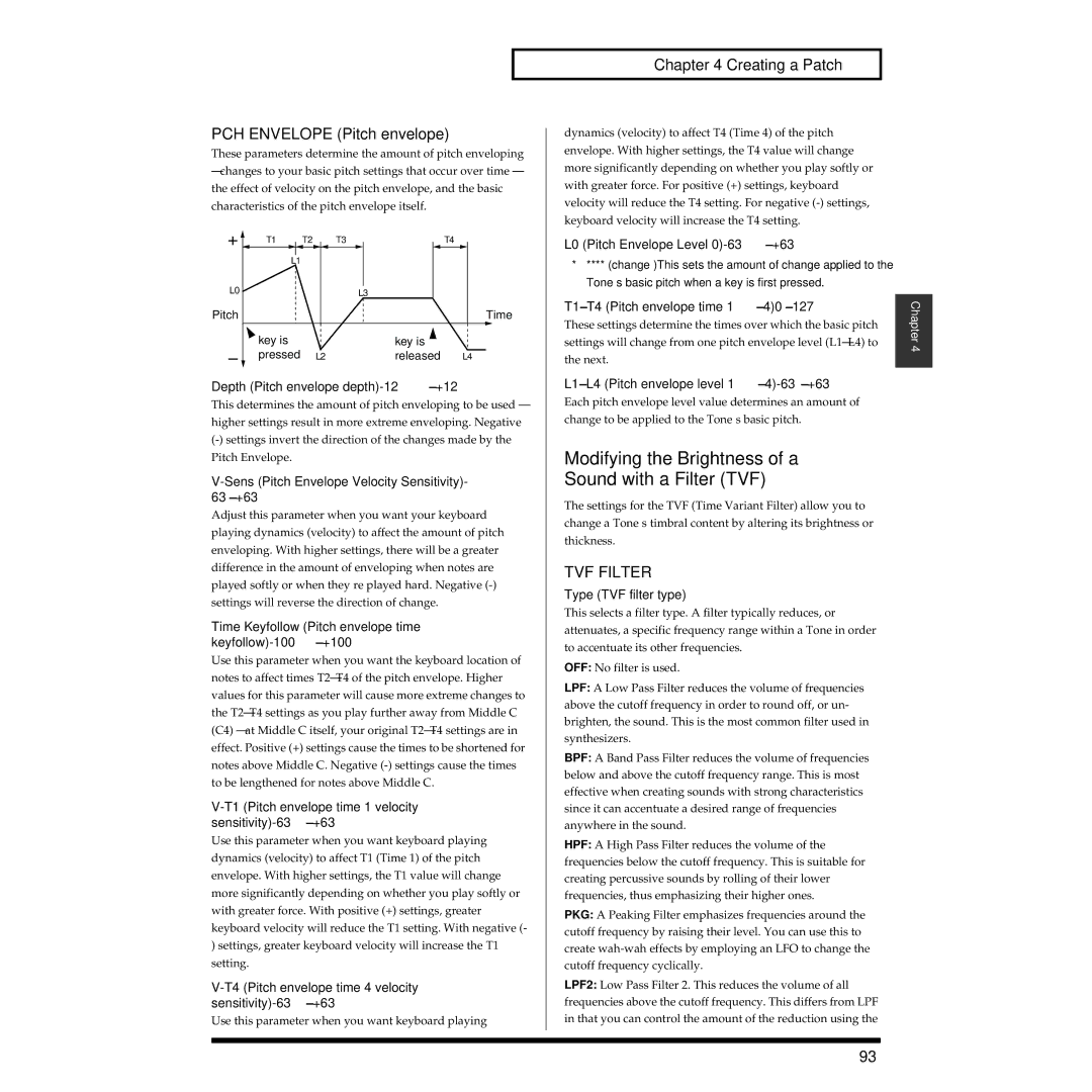 Roland XV-3080 owner manual Modifying the Brightness of a Sound with a Filter TVF, PCH Envelope Pitch envelope, TVF Filter 