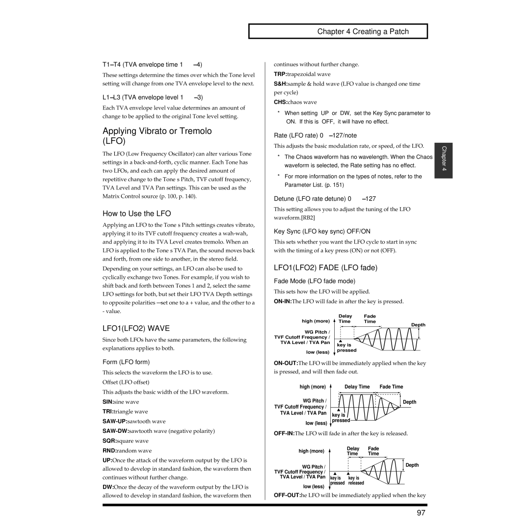 Roland XV-3080 owner manual Applying Vibrato or Tremolo LFO, How to Use the LFO, LFO1LFO2 Wave, LFO1LFO2 Fade LFO fade 