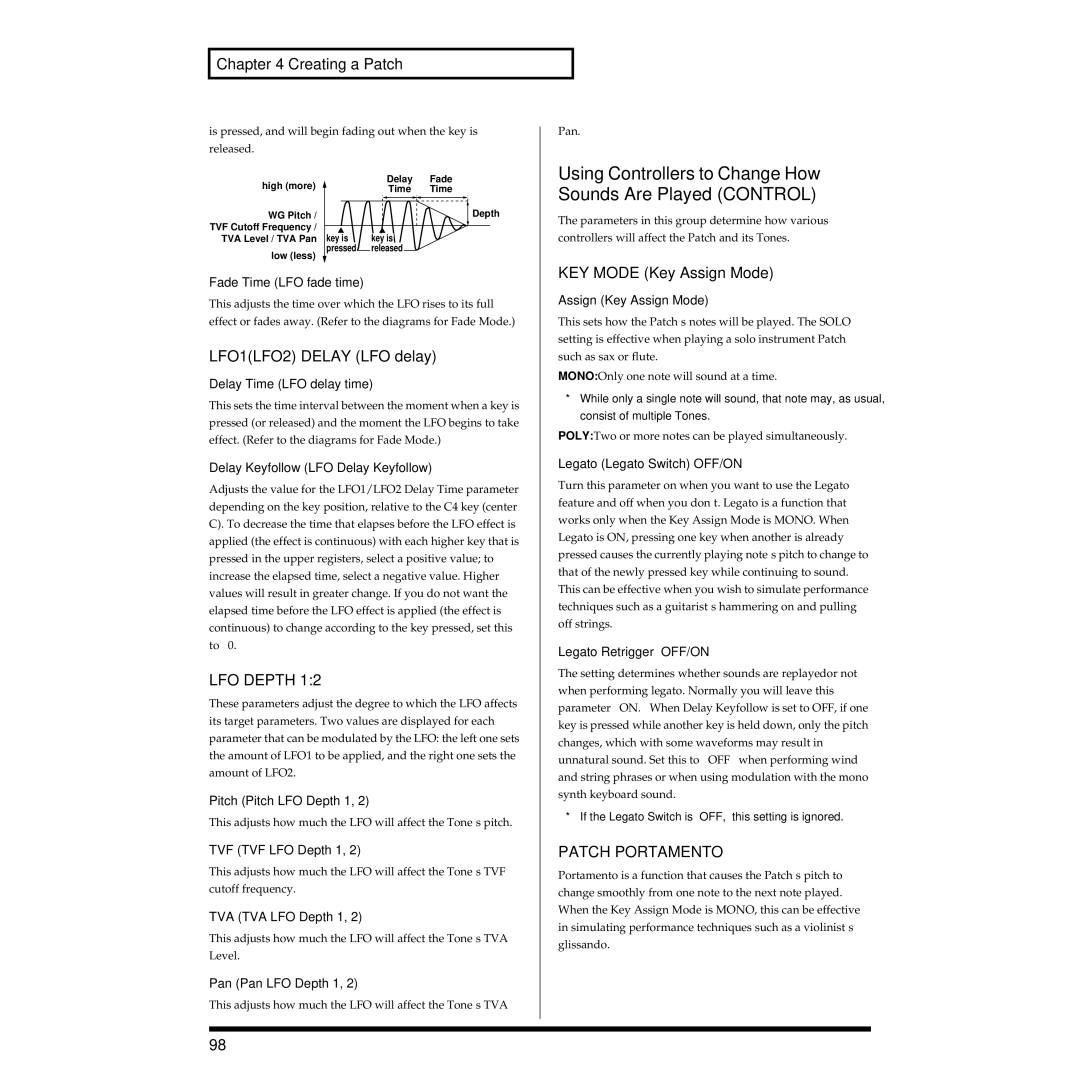 Roland XV-3080 owner manual Using Controllers to Change How Sounds Are Played Control, LFO1LFO2 Delay LFO delay, LFO Depth 