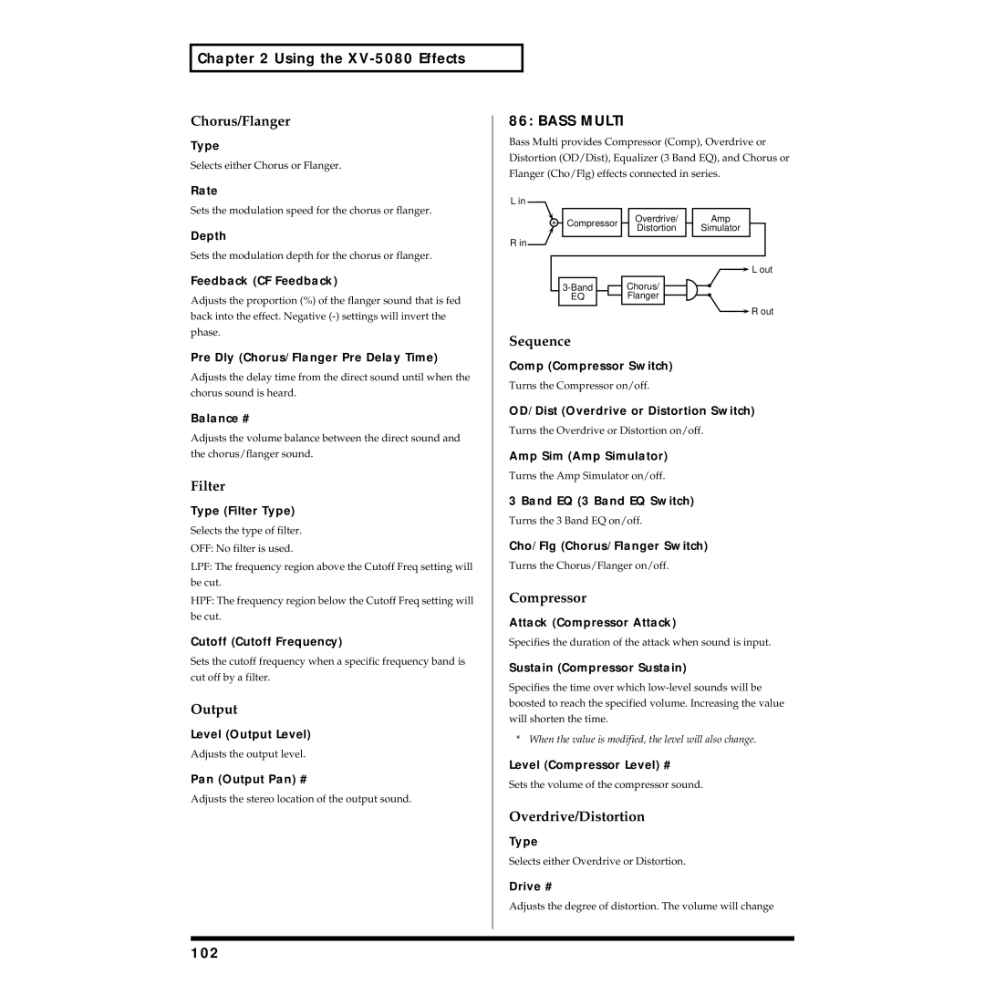 Roland XV-5080 owner manual Bass Multi, 102, OD/Dist Overdrive or Distortion Switch, Amp Sim Amp Simulator 