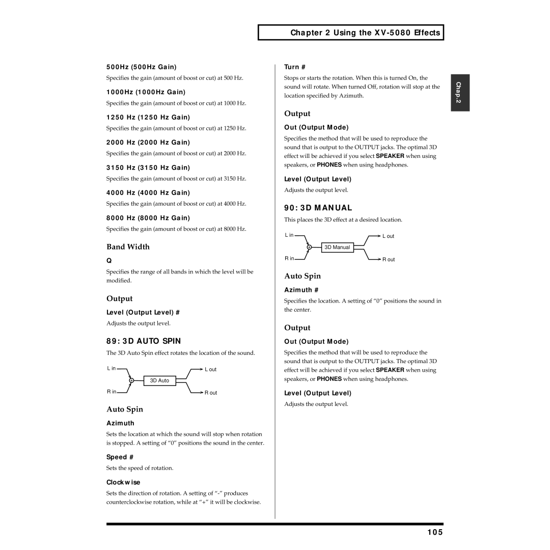 Roland XV-5080 owner manual 89 3D Auto Spin, 90 3D Manual, 105 