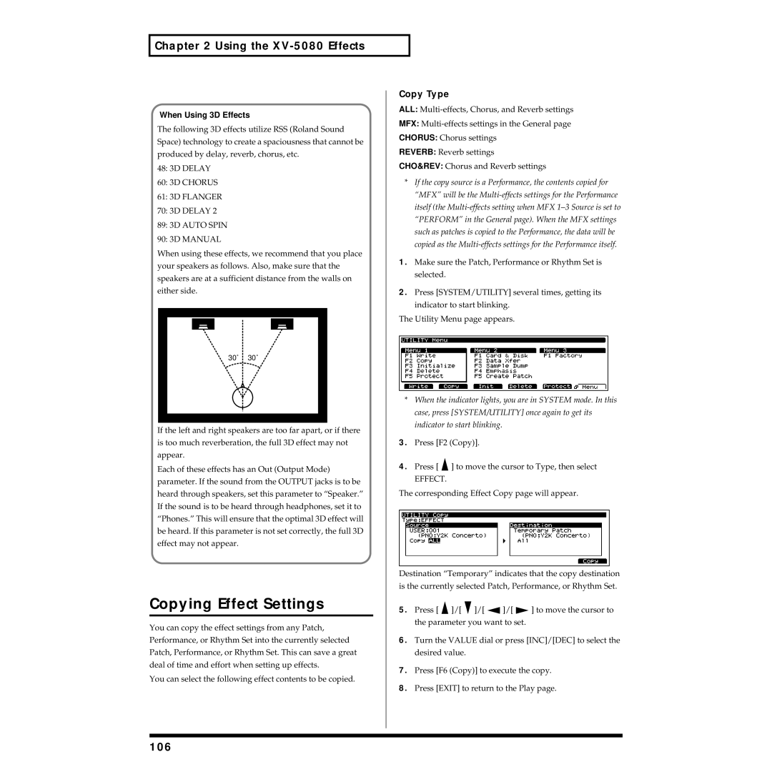 Roland XV-5080 owner manual Copying Effect Settings, 106, Copy Type, When Using 3D Effects 