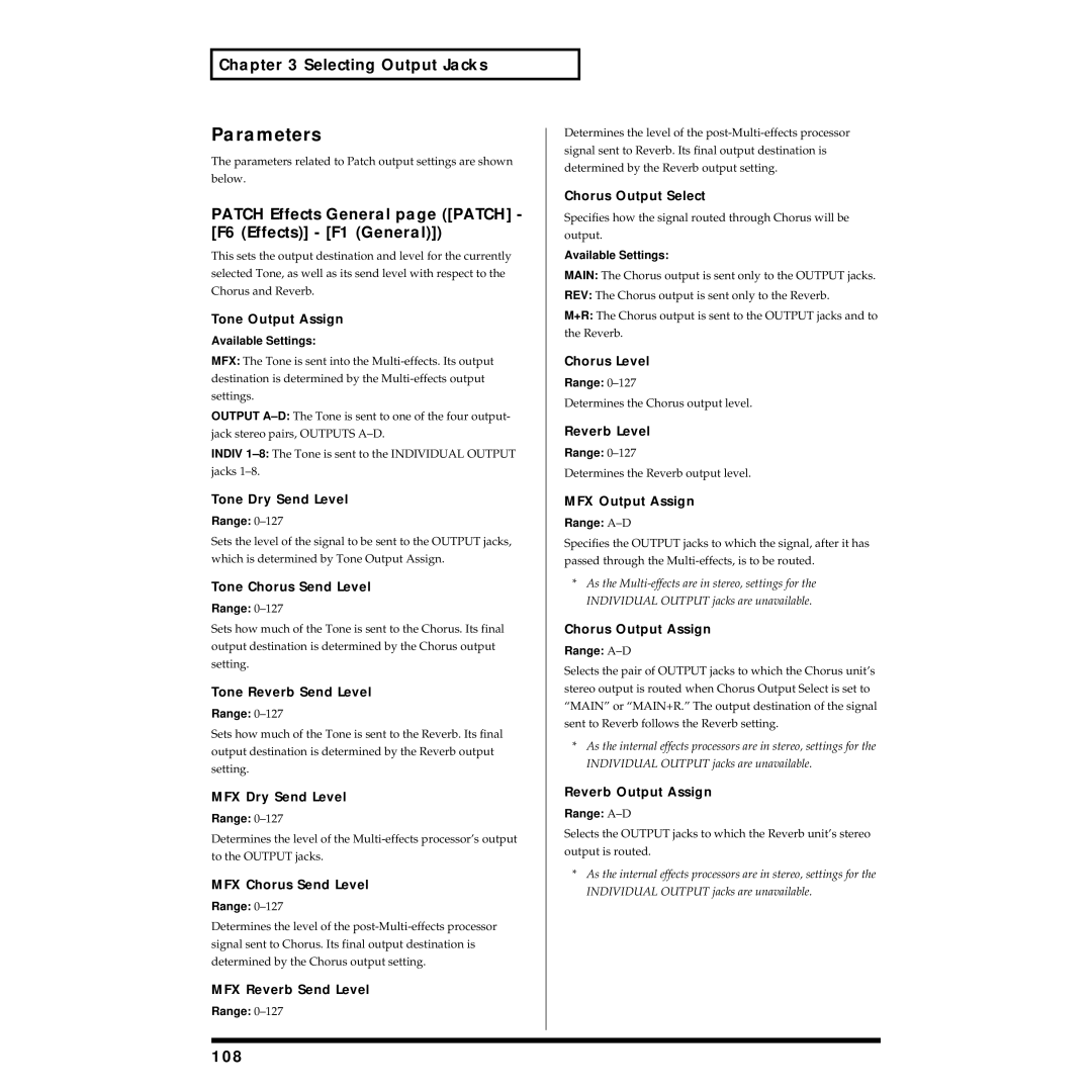 Roland XV-5080 owner manual Parameters, Selecting Output Jacks, Patch Effects General page Patch F6 Effects F1 General, 108 