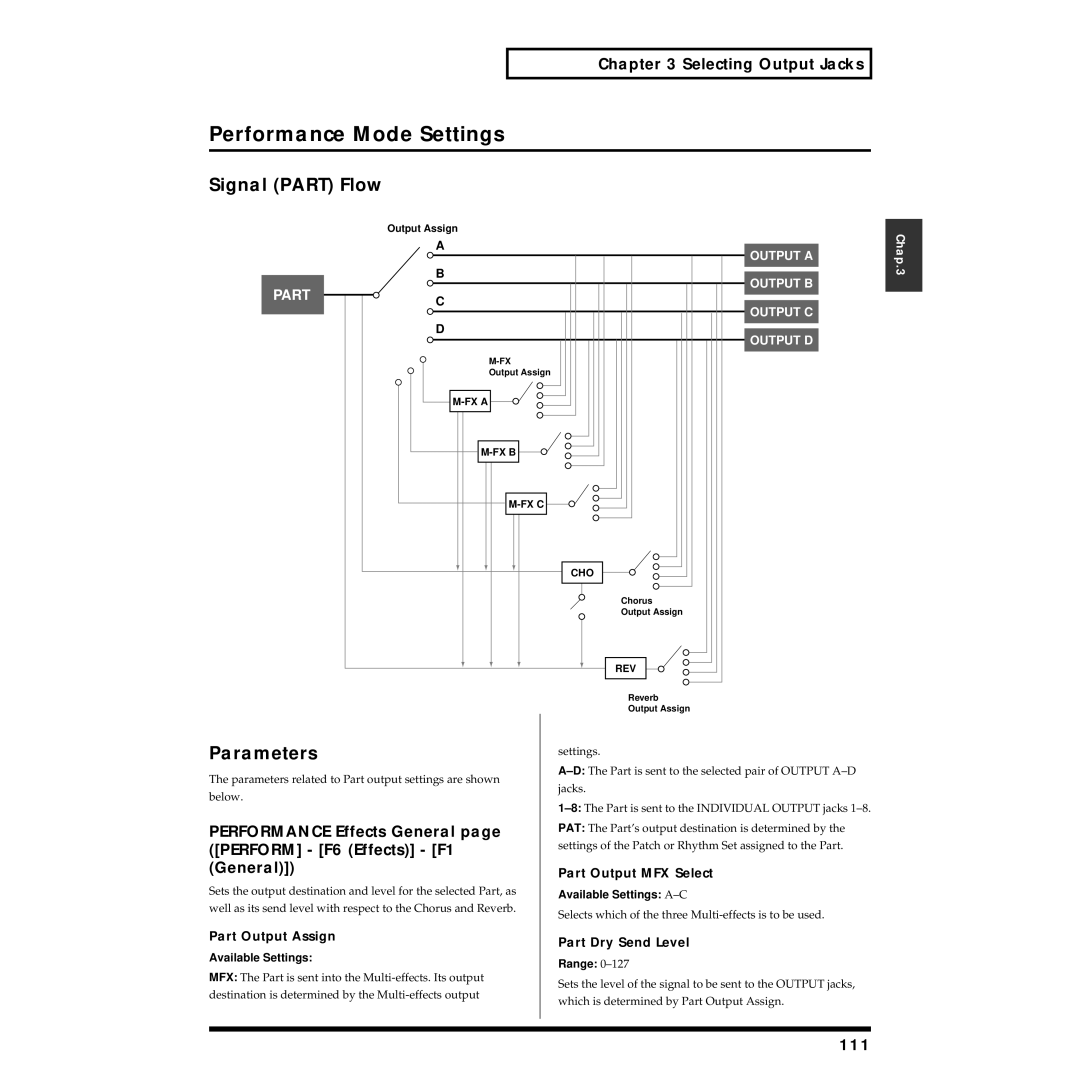 Roland XV-5080 owner manual Signal Part Flow, 111, Part Output MFX Select, Available Settings A-C 