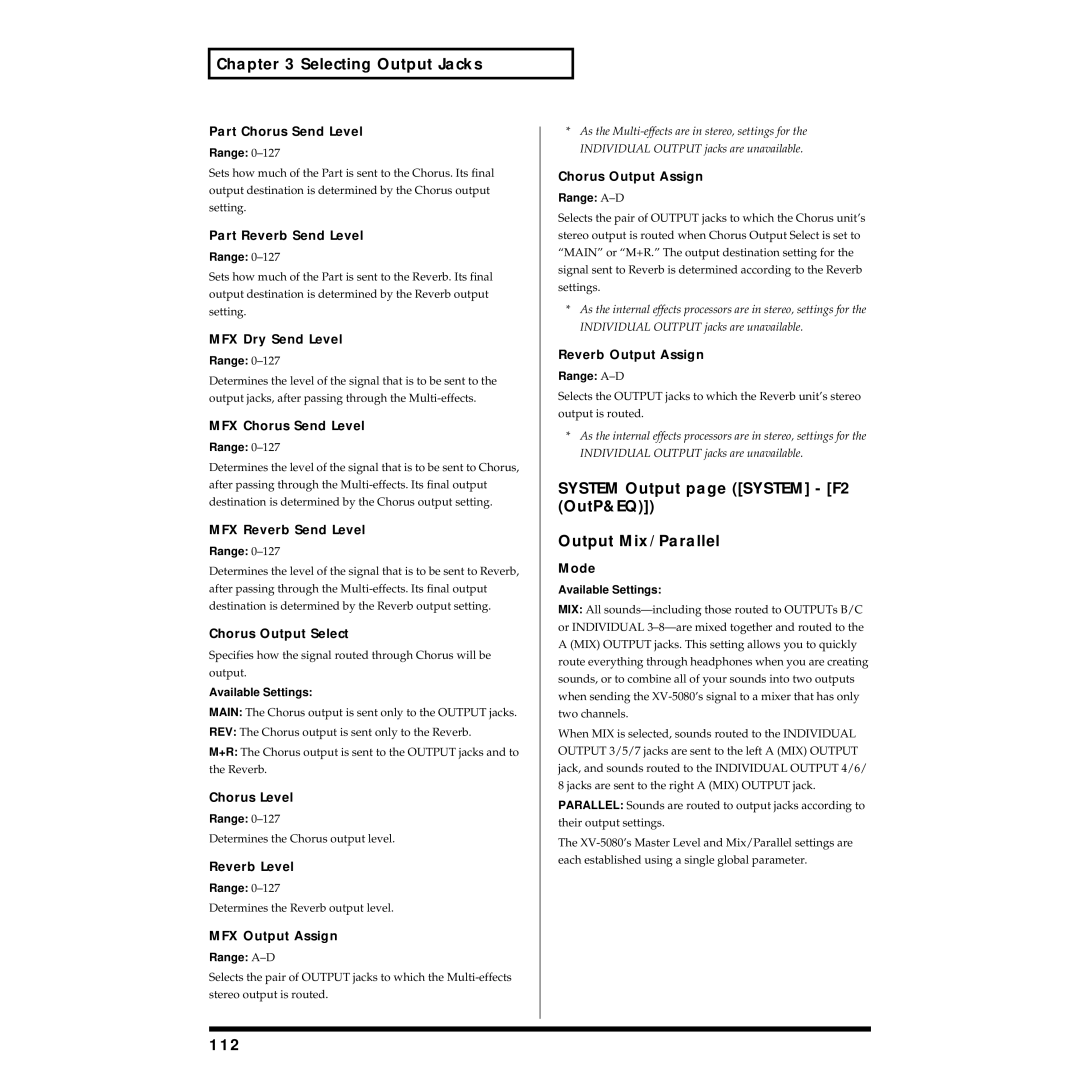 Roland XV-5080 owner manual System Output page System F2 OutP&EQ Output Mix/Parallel, 112 