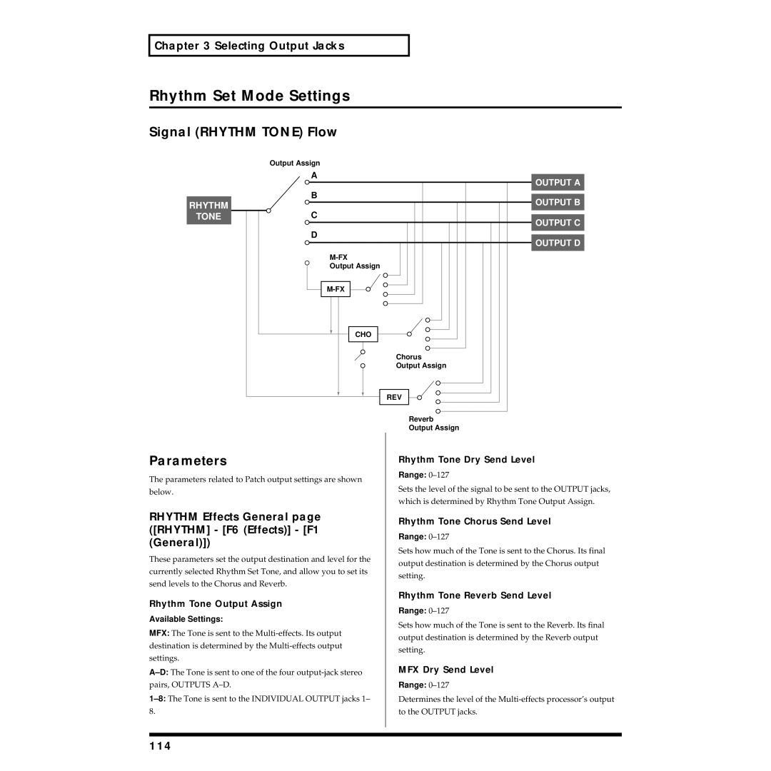 Roland XV-5080 owner manual Signal Rhythm Tone Flow, Rhythm Effects General page Rhythm F6 Effects F1 General, 114 