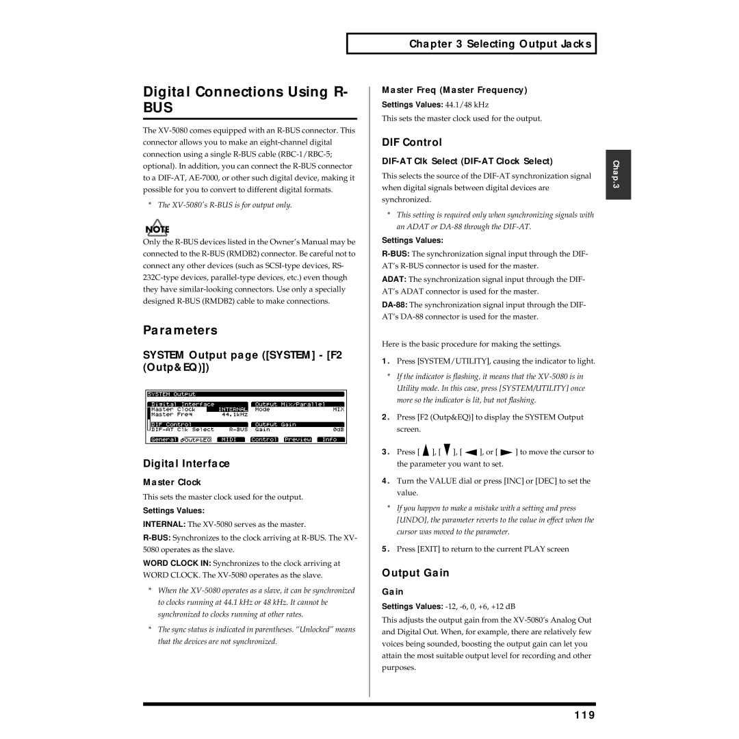 Roland XV-5080 owner manual Digital Connections Using R, DIF Control, Output Gain, 119 