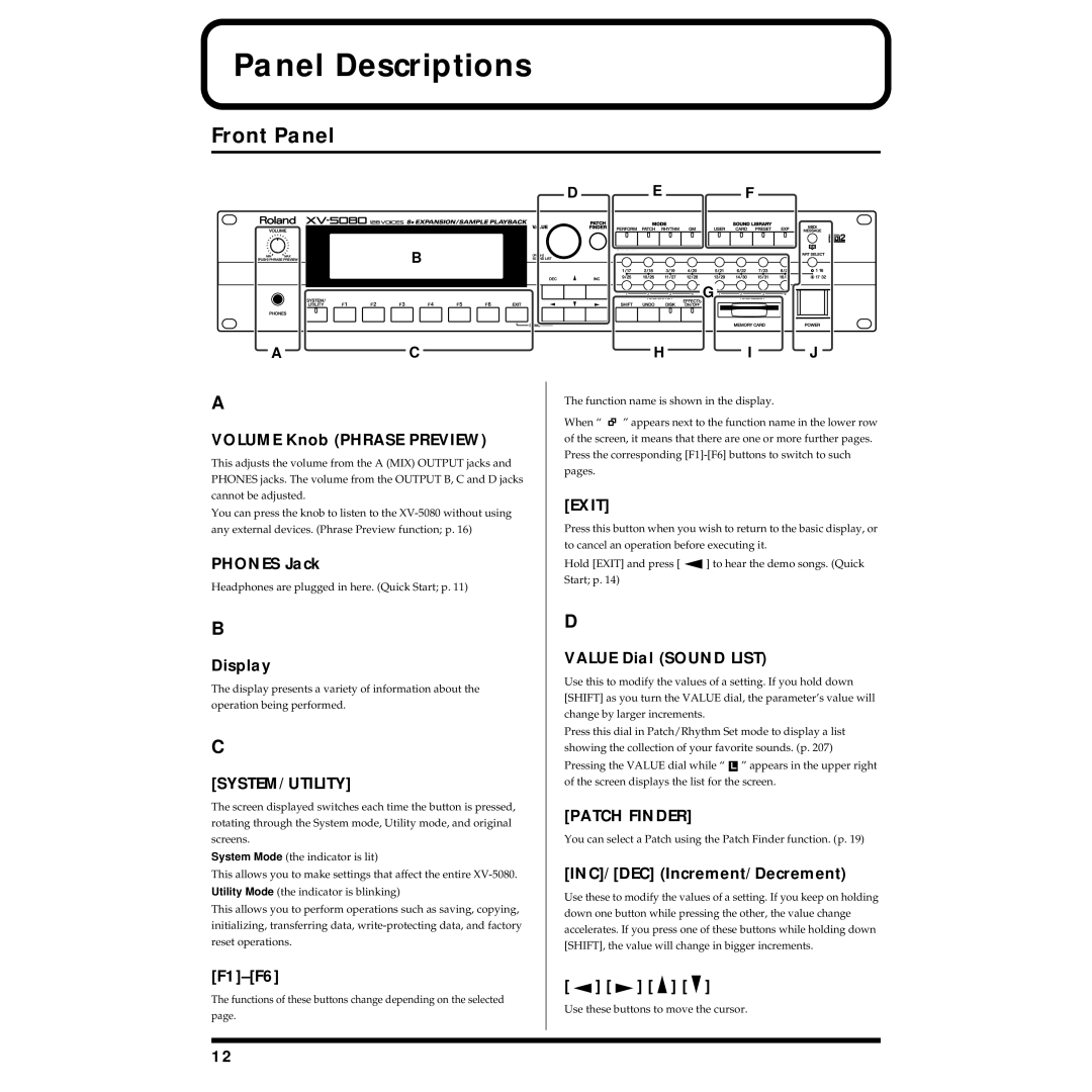 Roland XV-5080 owner manual Front Panel, System/Utility, Exit, Patch Finder 