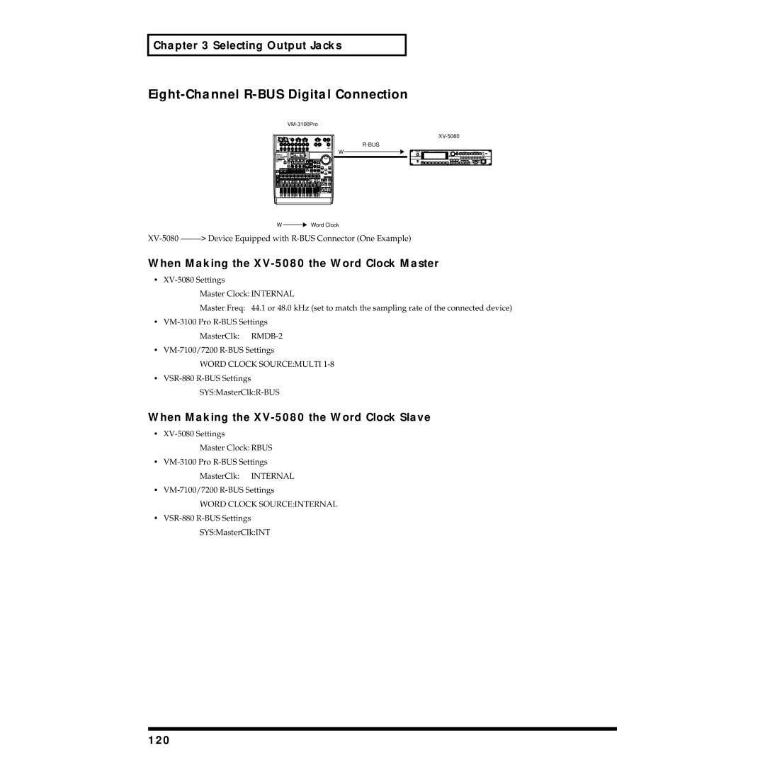 Roland owner manual Eight-Channel R-BUS Digital Connection, When Making the XV-5080 the Word Clock Master, 120 