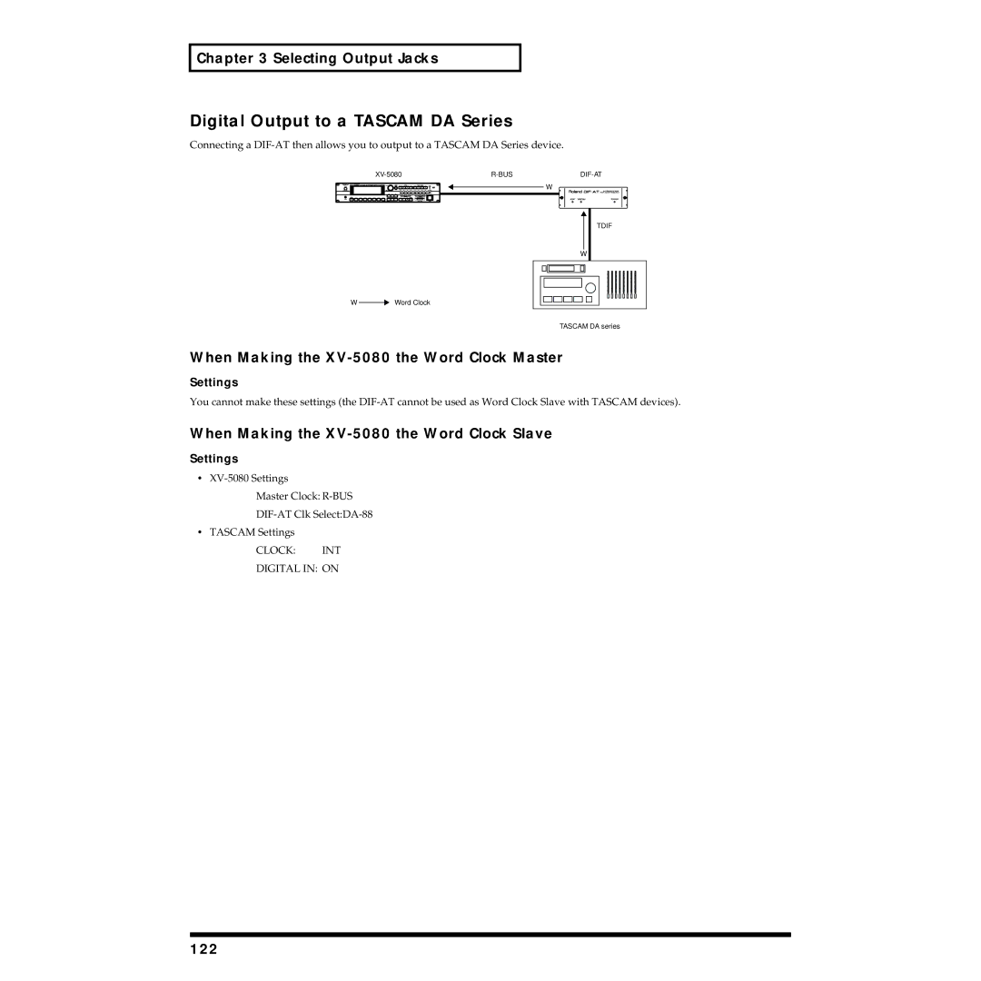 Roland XV-5080 owner manual Digital Output to a Tascam DA Series, 122 