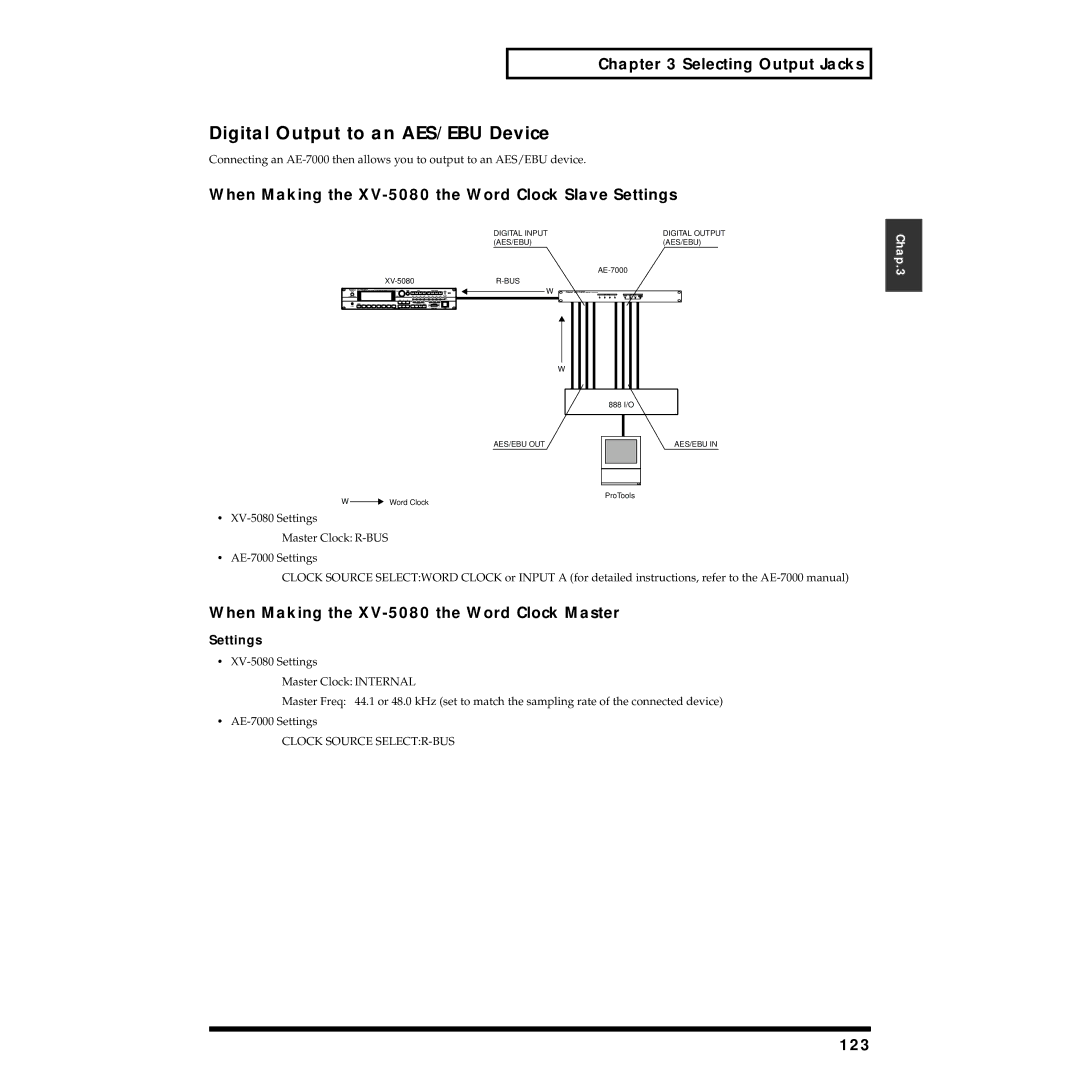 Roland XV-5080 owner manual Digital Output to an AES/EBU Device, 123 