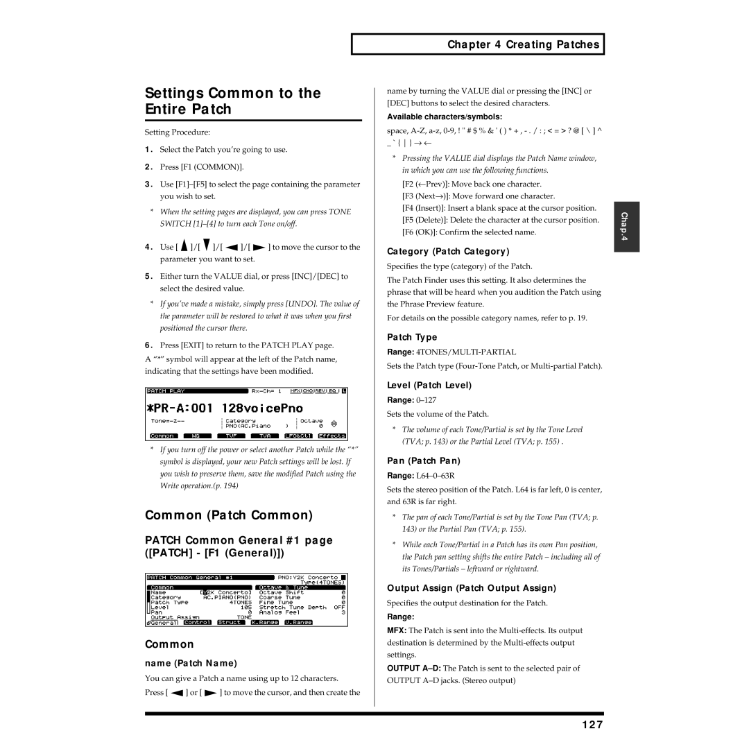 Roland XV-5080 Settings Common to the Entire Patch, Common Patch Common, Patch Common General #1 page Patch F1 General 