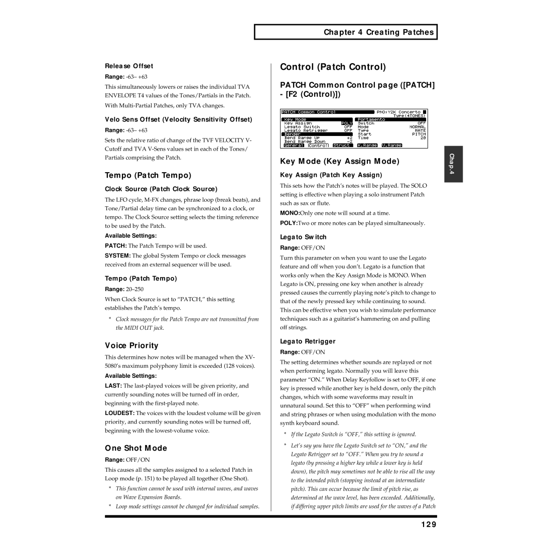 Roland XV-5080 owner manual Control Patch Control, Tempo Patch Tempo, Voice Priority, One Shot Mode, 129 