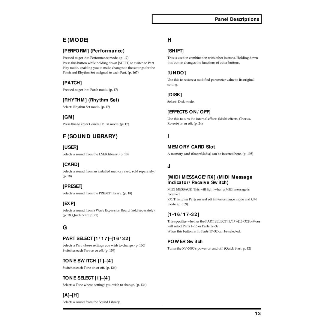 Roland XV-5080 owner manual Patch, User, Card, Preset, Exp, Tone Switch, Tone Select, Shift, Undo, Disk, Effects ON/OFF 