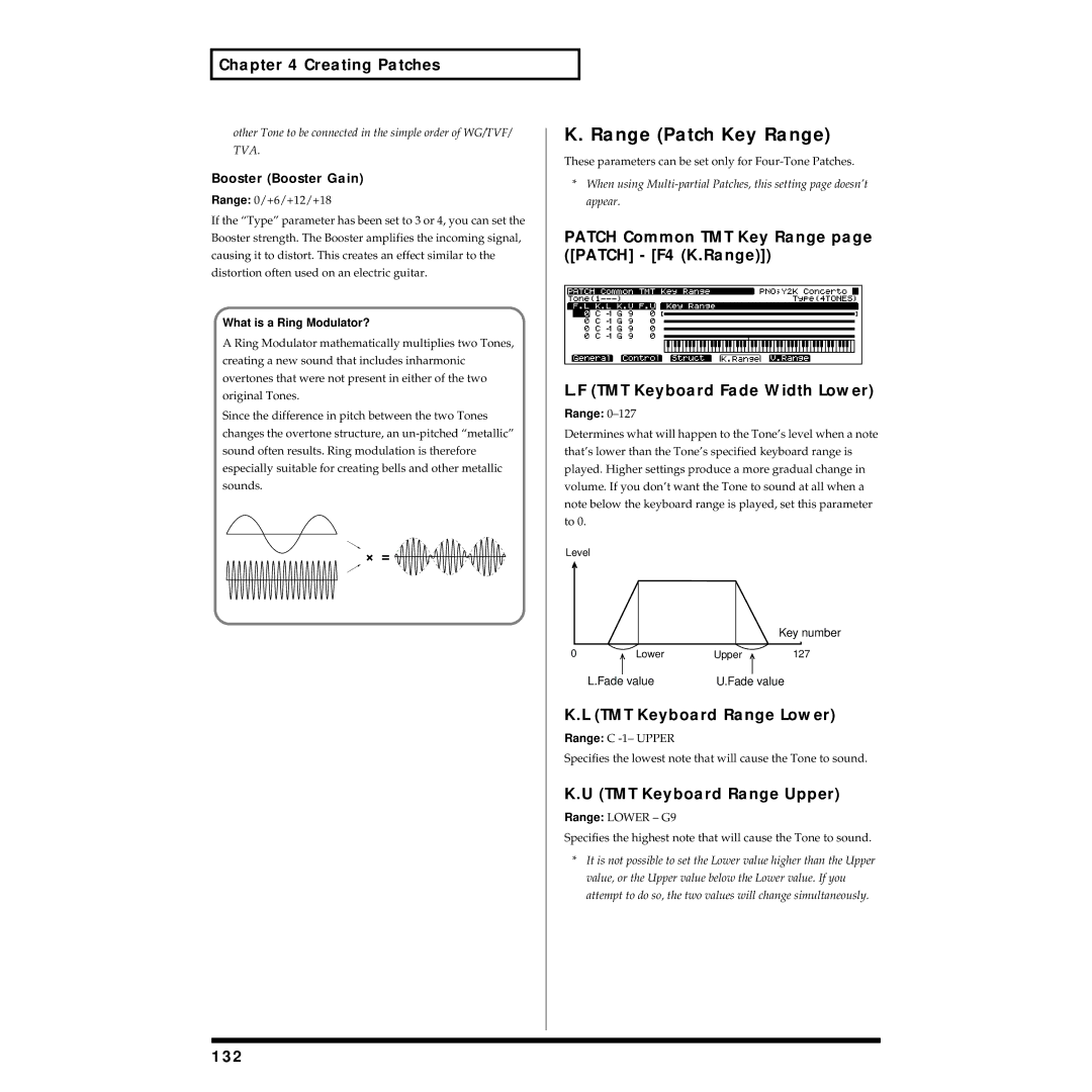 Roland XV-5080 Range Patch Key Range, TMT Keyboard Range Lower, TMT Keyboard Range Upper, 132, Booster Booster Gain 