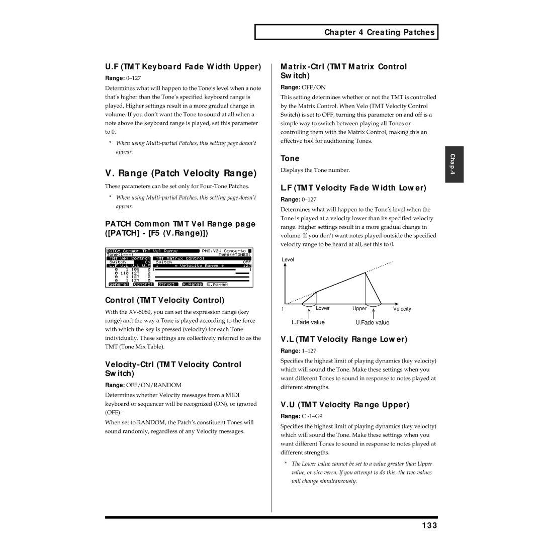 Roland XV-5080 owner manual Range Patch Velocity Range 