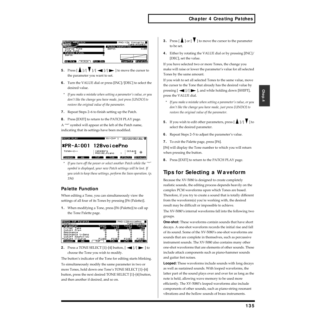 Roland XV-5080 owner manual Tips for Selecting a Waveform, Palette Function, 135 