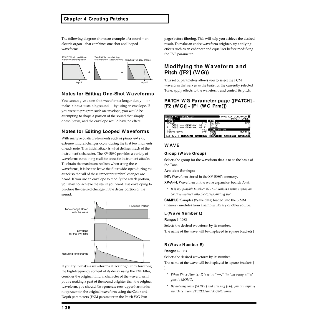 Roland XV-5080 owner manual Modifying the Waveform and Pitch F2 WG, Patch WG Parameter page Patch F2 WG F1 WG Prm, 136 