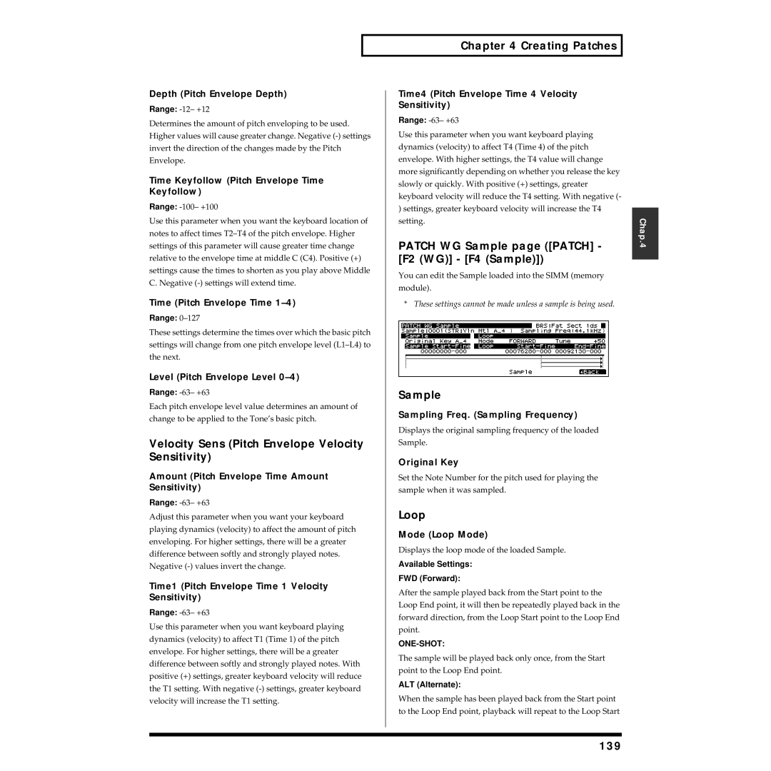 Roland XV-5080 Velocity Sens Pitch Envelope Velocity Sensitivity, Patch WG Sample page Patch, F2 WG F4 Sample, Loop, 139 