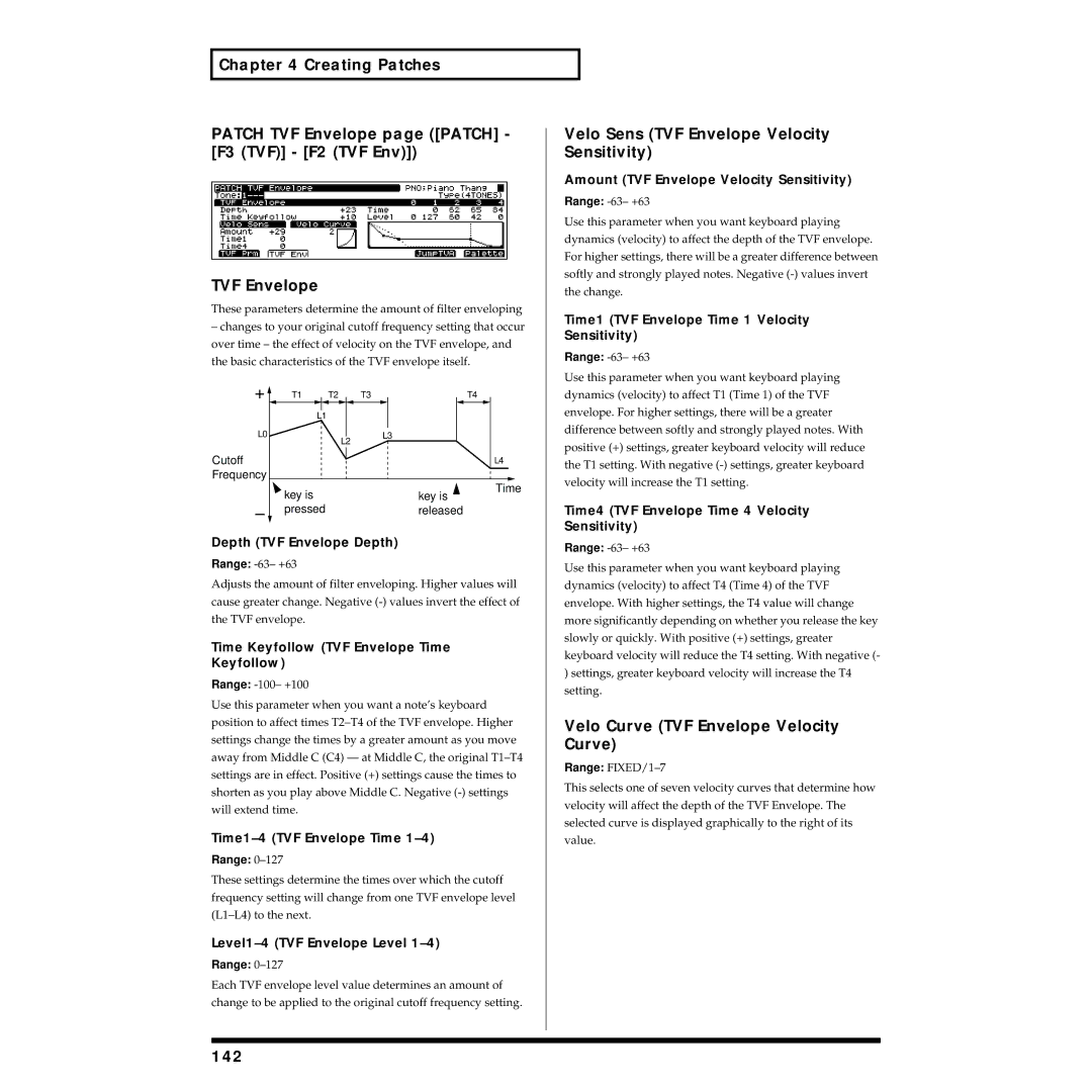 Roland XV-5080 owner manual Velo Sens TVF Envelope Velocity Sensitivity, Velo Curve TVF Envelope Velocity Curve, 142 