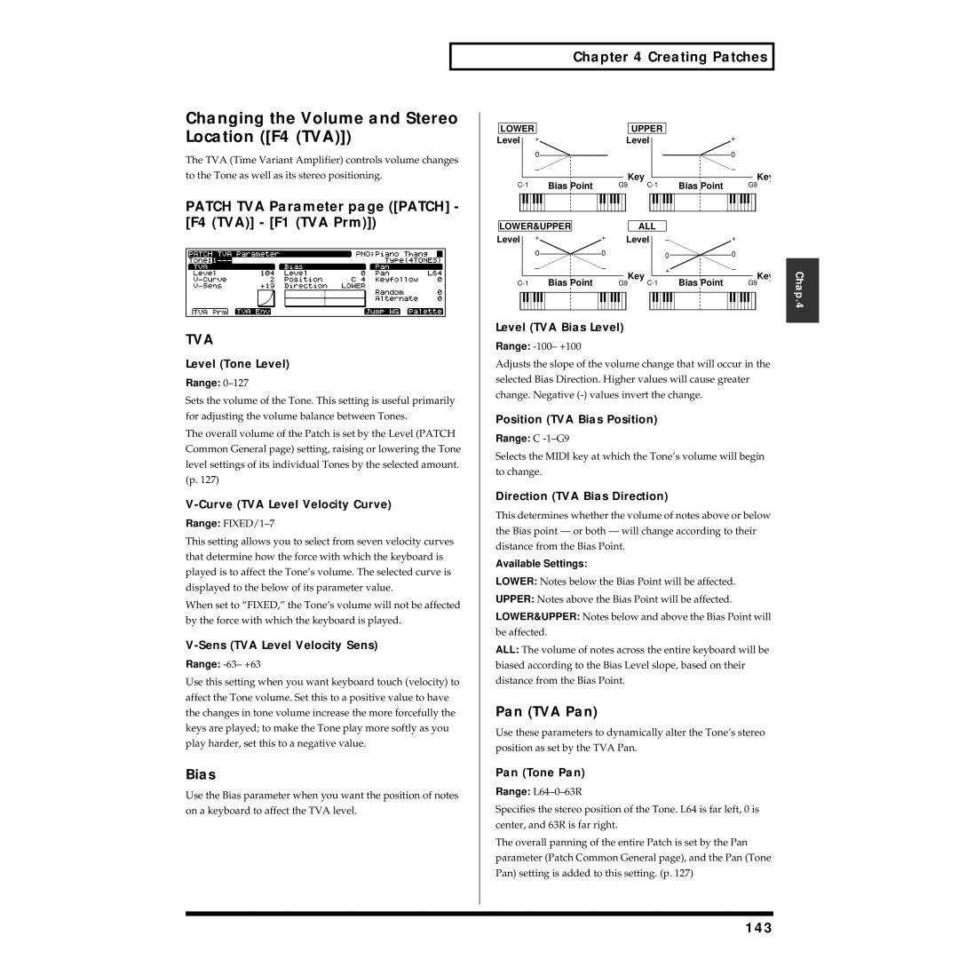 Roland XV-5080 owner manual Changing the Volume and Stereo Location F4 TVA, Tva 