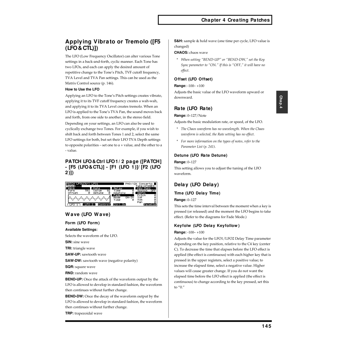 Roland XV-5080 owner manual Applying Vibrato or Tremolo F5 LFO&CTL, Rate LFO Rate, Delay LFO Delay, 145 