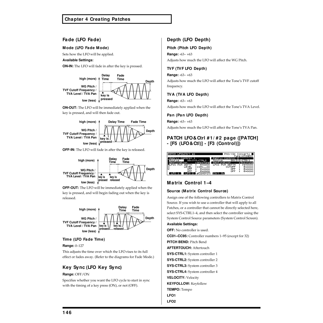 Roland XV-5080 owner manual Creating Patches Fade LFO Fade, Key Sync LFO Key Sync, Depth LFO Depth, 146 