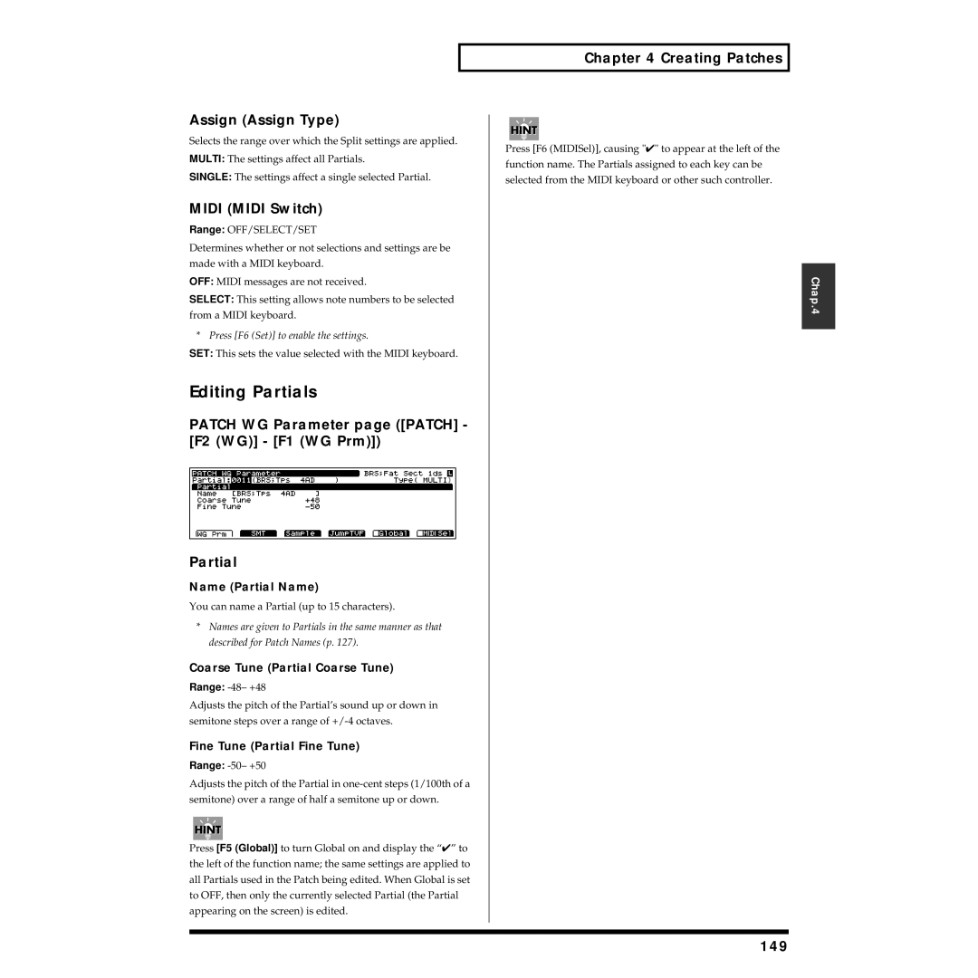 Roland XV-5080 owner manual Editing Partials, Assign Assign Type, Midi Midi Switch, 149 