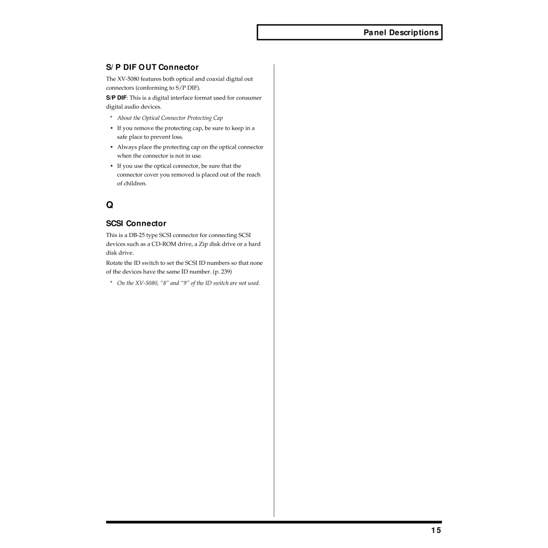 Roland XV-5080 owner manual Panel Descriptions DIF OUT Connector, Scsi Connector 
